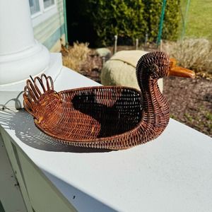 Vintage 70s Handmade Wicker Chestnut Brown Duck Basket Decorative Boho Cute Rare
